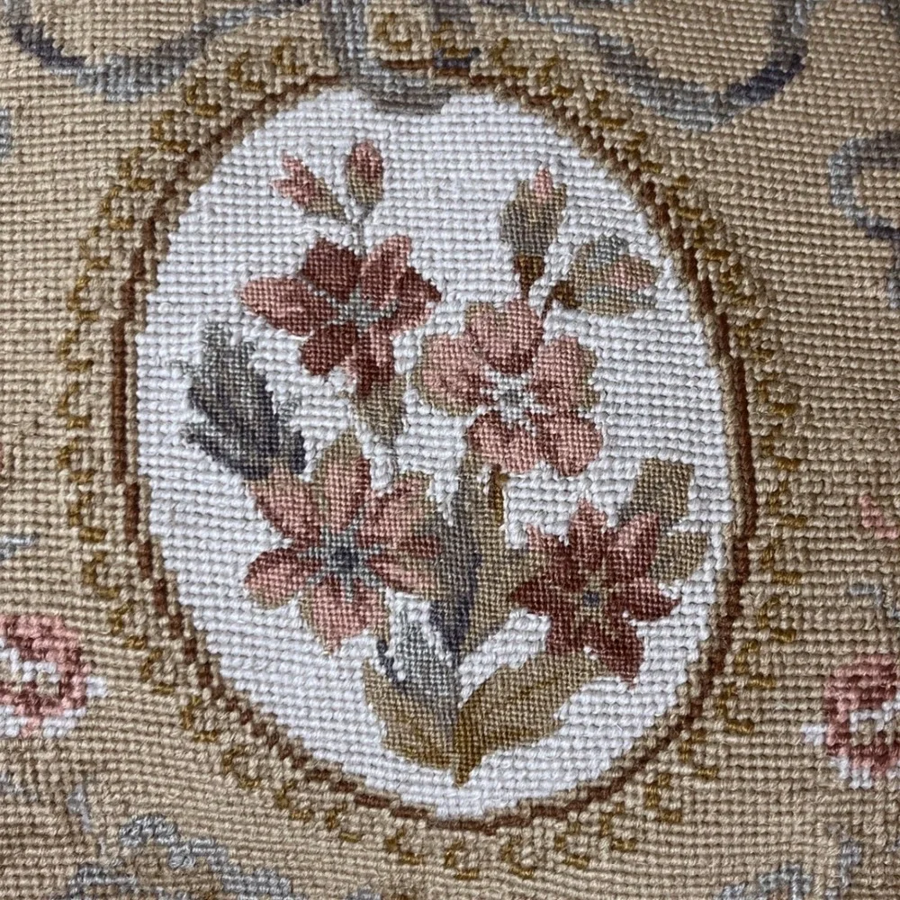 Wool Needlepoint Pillow Floral‎ Tassle Trim Shabby French Country Cottagecore